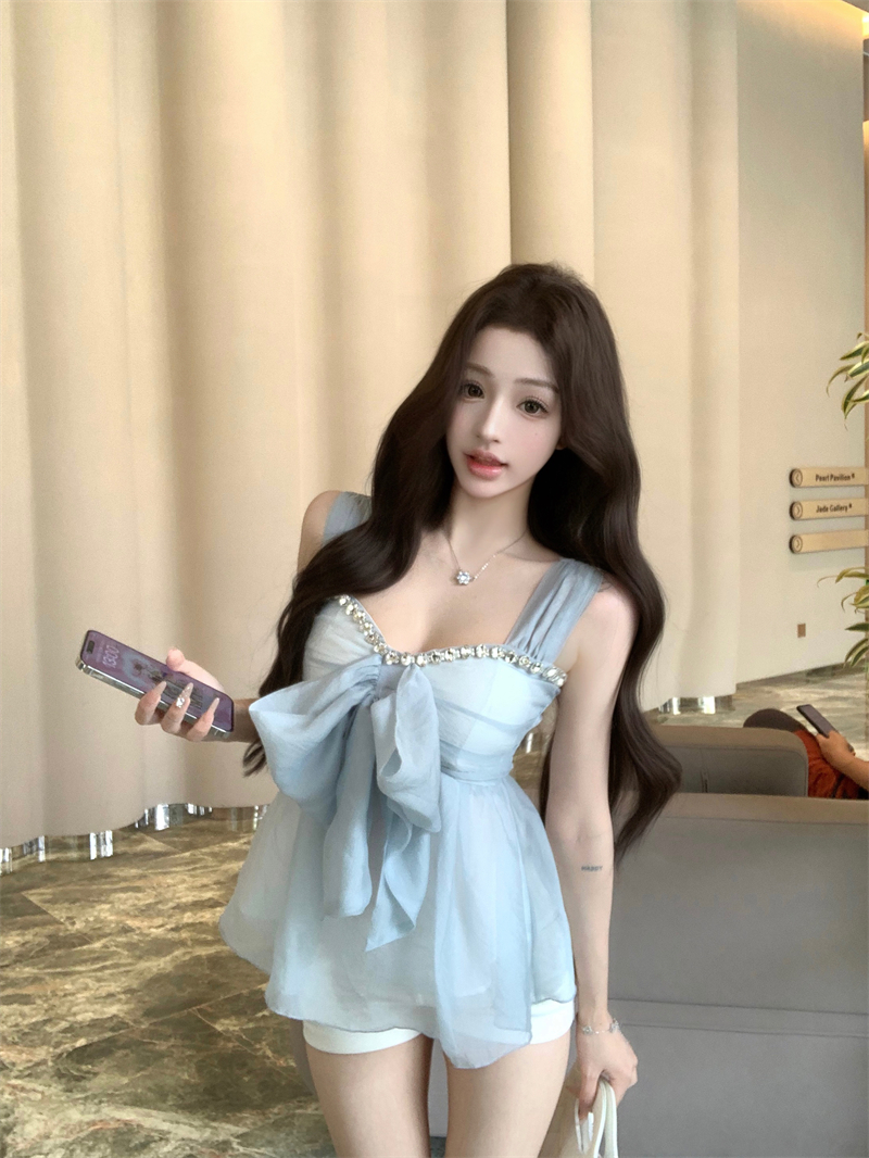실사 프랑스식 섹시함 나비 매듭 캐미솔 여름 고급 센스 프릴 무거운 작업 다이아몬드 세팅 맨위