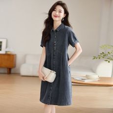 批发实拍大码女装2026夏季新款纯色休闲百搭<b class='q'>牛仔</b>短袖中长款<b class='q'>连衣裙</b>