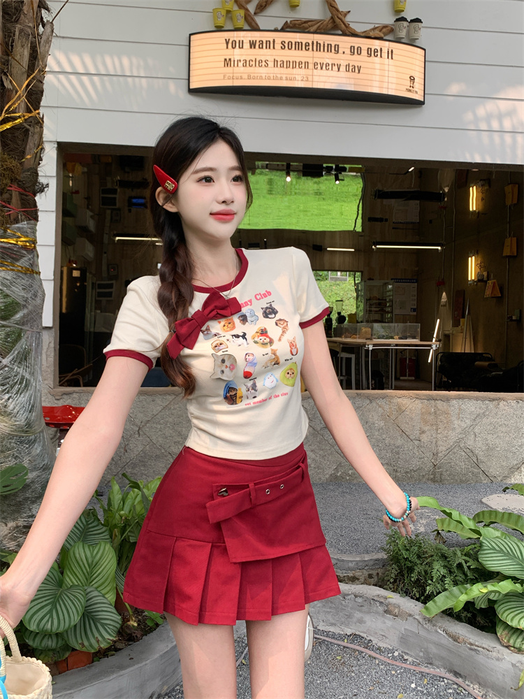 MY10789# 夏季美式甜辣小猫学院风显瘦上衣修身裙子女裝貨源服裝批發