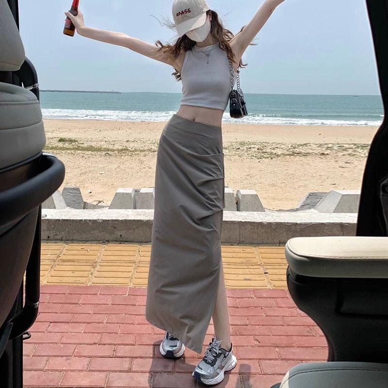 FA26198# 杏色休闲工装半身裙女夏高腰欧美ins显瘦辣妹褶皱开叉包臀中长裙 服裝批發女裝批發服飾貨源