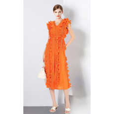 批发三宅跨境<b class='q'>欧美</b>褶皱木耳边设计感V领无袖连衣裙大码显瘦荷叶边非洲