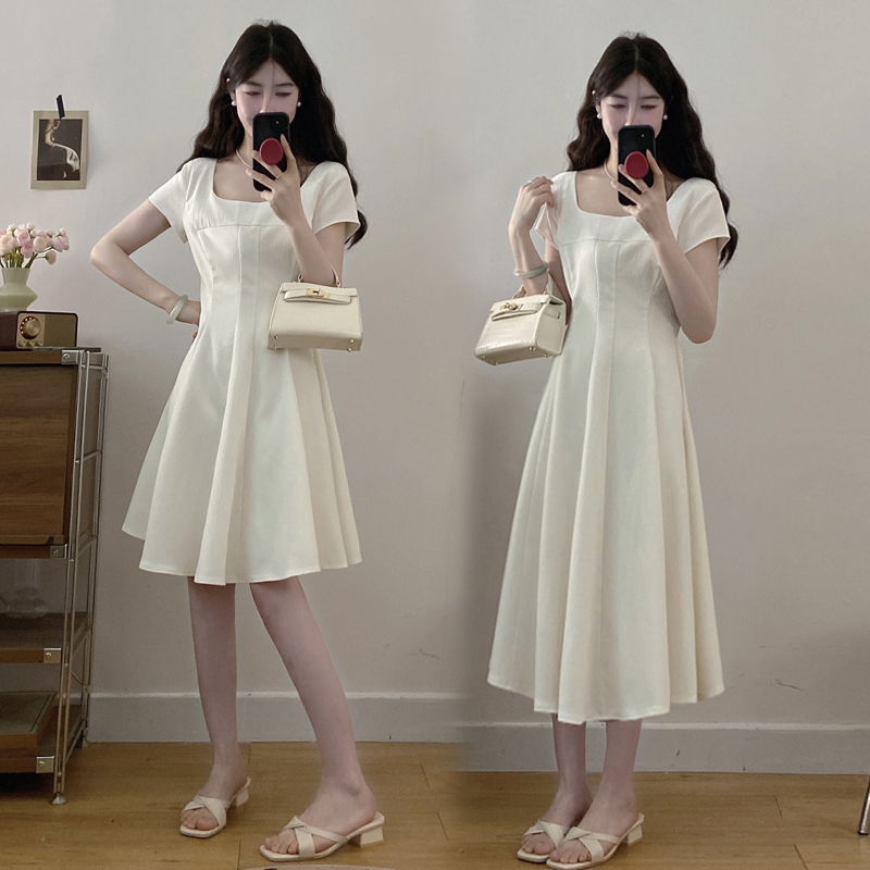 MY6778# 大码女装气质法式方领连衣裙正式场合茶歇赫本风收腰显瘦裙女裝...