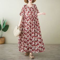 批发实拍有货  外贸简约时尚长裙夏季新款加肥<b class='q'>加大</b>短袖圆领印花连衣裙