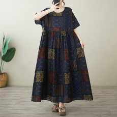 批发实拍有货  外贸简约时尚长裙夏季新款加肥<b class='q'>加大</b>短袖圆领印花连衣裙