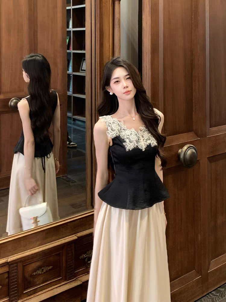 FA25502# 木子李的李风姿绰约气质蕾丝花边无袖上衣松紧a字半身裙 服裝批發女裝批發服飾貨源