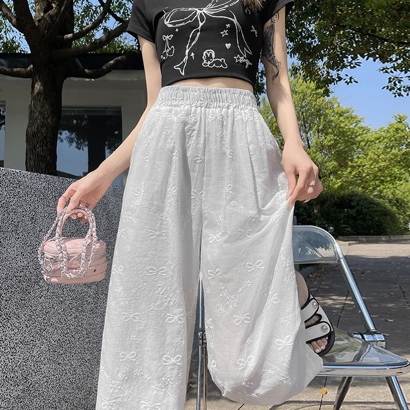 실사 여름 새로운 얇은 스타일 화이트 홀로우 아웃 레이스 나비 매듭 자수 캐주얼 루즈핏 스트레이트 와이드 레깅스 바지