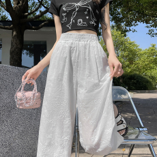 批发实拍夏季新款薄款白色镂空蕾丝蝴蝶结刺绣休闲宽松直筒阔腿裤女