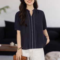 批发限价+12+小视频 深蓝色刺绣条纹<b class='q'>衬衫</b>女2026款式夏季设计感轻奢