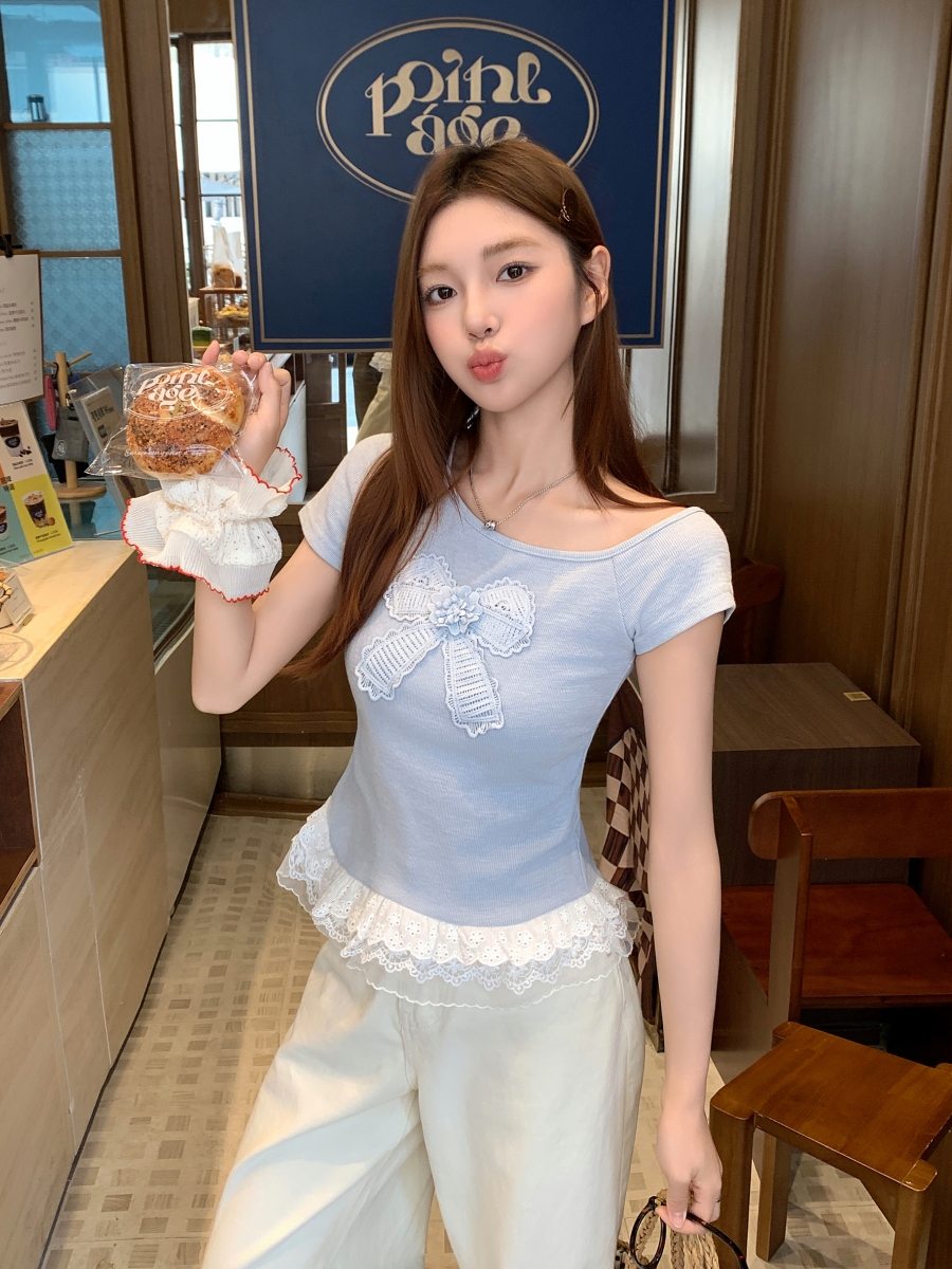MY7001# 斜领正肩蕾丝拼接短袖t恤女夏季新款修身显瘦短款上衣女裝貨源...