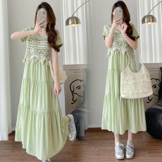 实拍哺乳大码夏季新款胖妹妹文艺镂空网洞叠穿针织背心连衣裙