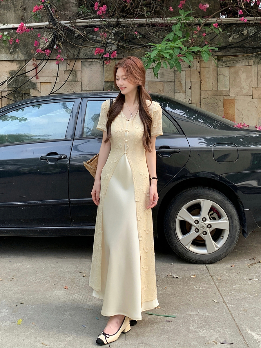 FA23371# 大码女装美貌滤镜优雅气质吊带连衣裙女钩花镂空鲁穿罩衫