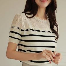 批发春新 <b class='q'>韩国</b><b class='q'>代购</b><b class='q'>正品</b>女装 淑女蕾丝花纹拼接圆领短袖条纹针织衫
