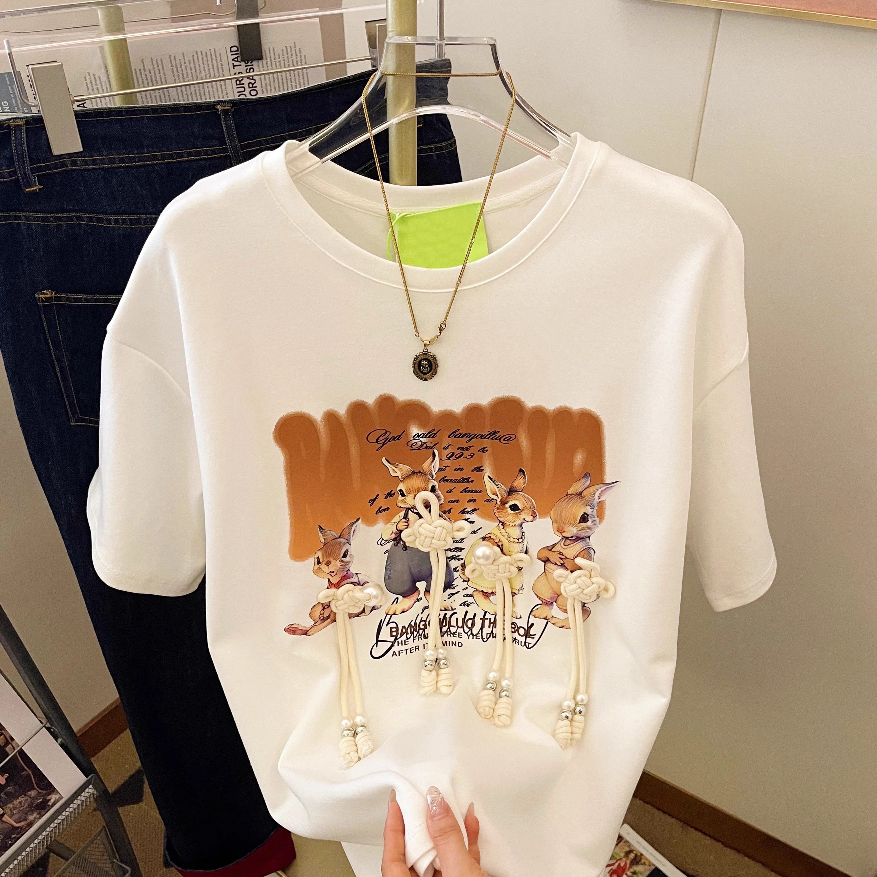 FA34435# 纯棉立体装饰可拆卸300斤短袖t恤女重工设计感 服裝批發女裝批發服飾貨源