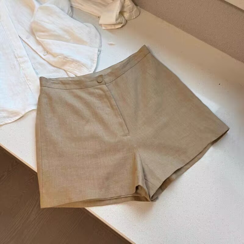 HAO火推荐老钱风高支高密卡其色亚麻短裤女袭击新款短裤子 服裝批發女裝批發服飾貨源