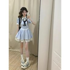 批发原版做法法式蓝白条纹<b class='q'>衬衫</b>领连衣裙女夏清纯少女蓬蓬公主短裙