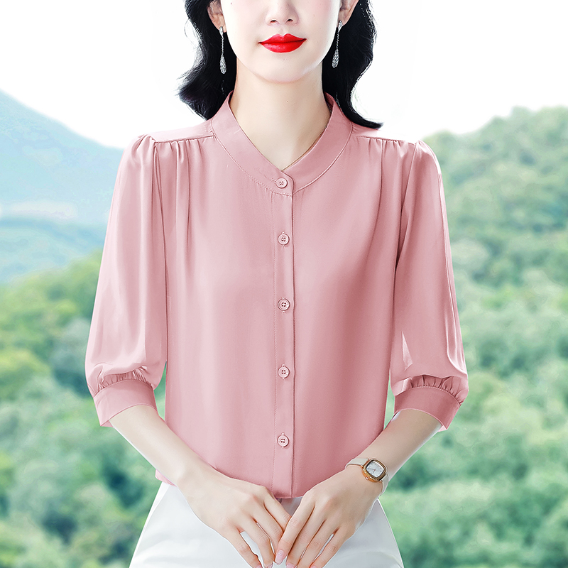 실사 2026 봄 여름 새로운 외국 가스 7부 소매 맨위 품격 연령 감소 라운드 넥 셔츠 여성 빅 사이즈 작은 셔츠