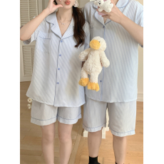 批发实拍实价 夏季新款<b class='q'>情侣</b><b class='q'>睡衣</b>韩版宽松简约条纹短袖休闲家居服套装