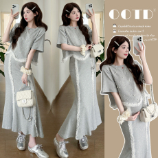 批发实拍夏季新款蕾丝边<b class='q'>钉珠</b>短袖T恤+鱼尾半身裙气质时尚孕妇套装