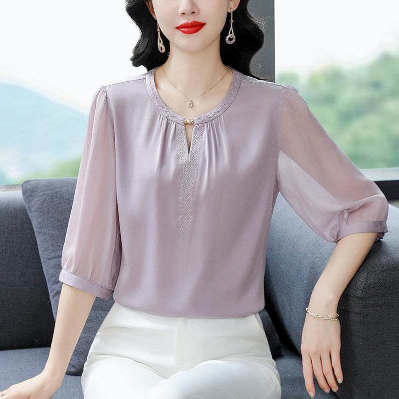 MY7842# 杭州重磅真丝衬衫女夏季新款五分袖气质小衫品牌桑蚕丝上衣女裝貨源服裝批發