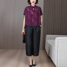 批发2025新款春夏季女高贵提花香云纱上衣裤子两件套气质妈妈高档套装