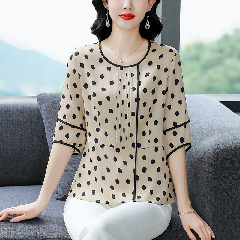 MY7841# 夏装时尚圆点印花真丝上衣新款中年女重磅气质桑蚕丝t恤女裝貨源服裝批發