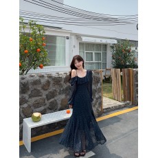 批发实拍 2026春夏季胖mm新法式复古气质波点露肩吊带不规则茶歇长裙