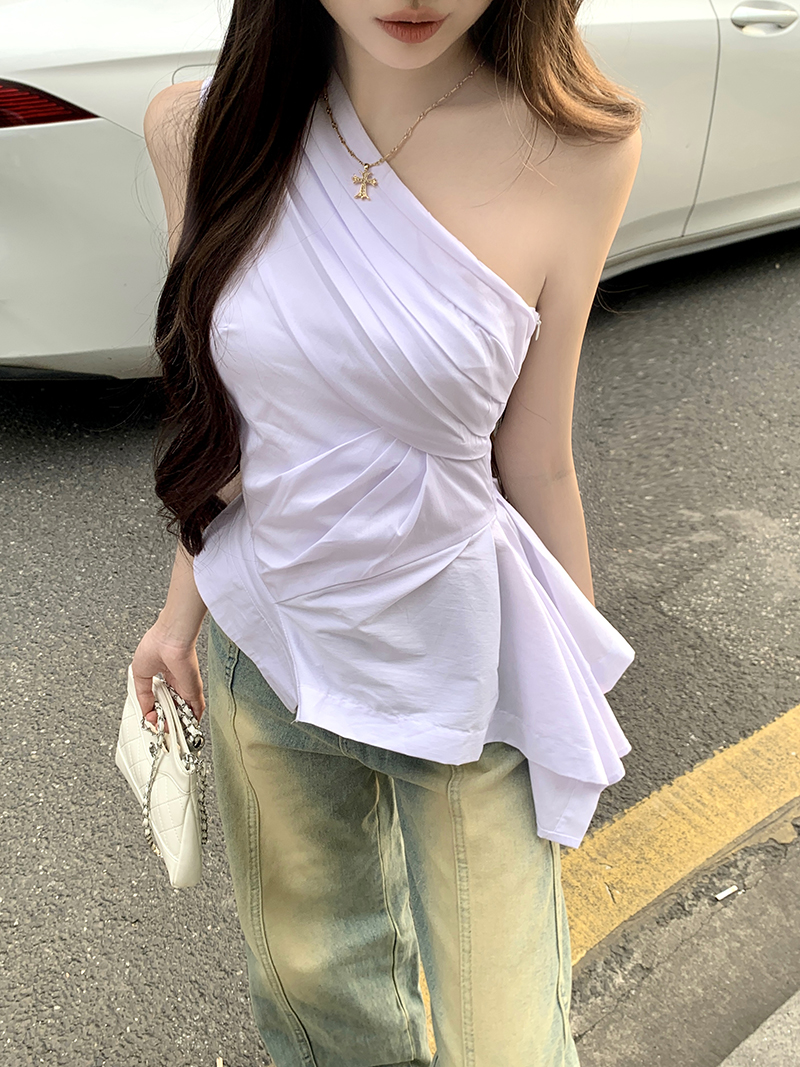 FA31619# 百搭小众设计感斜肩收腰显瘦T恤上衣女 服裝批發女裝批發服飾貨源