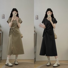 批发实拍夏季茶歇法式收腰显瘦中长裙设计感侧面开叉绑带连衣裙