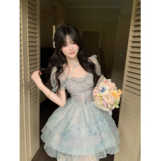 批发碎梦星野 减龄少女感挂脖网纱氛围感<b class='q'>连衣裙</b>