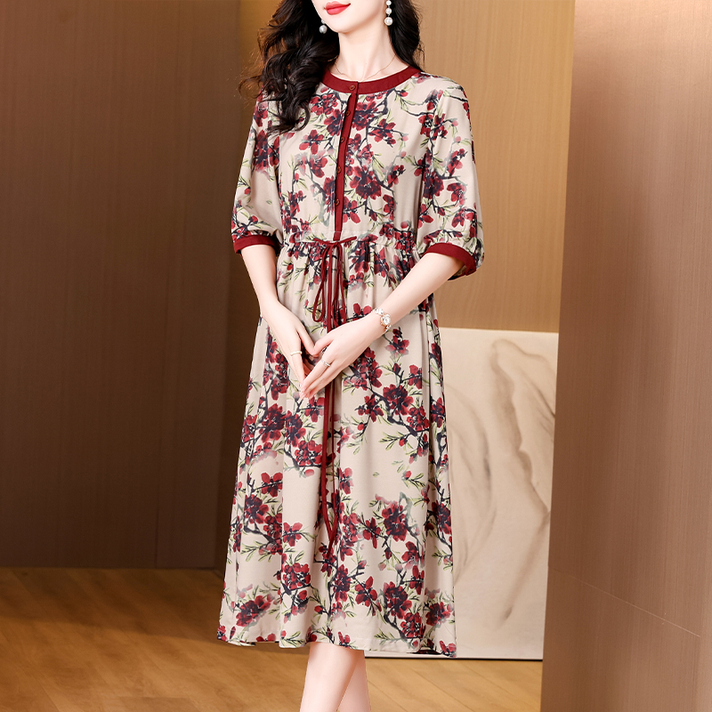 MY8615# 苎麻七分袖重磅真丝连衣裙女夏季新款复古红花时尚圆领显瘦中长裙女裝貨源服裝批發