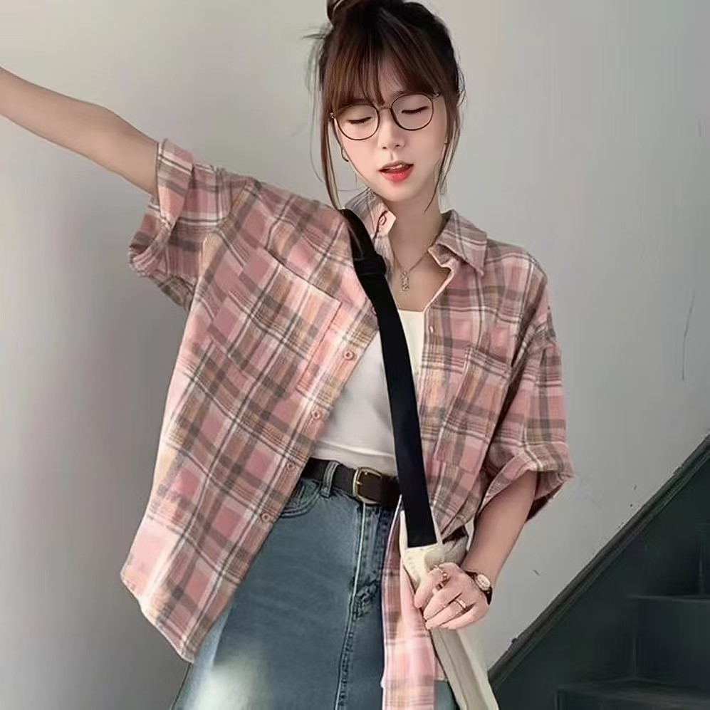 한국어 버전 셔츠 고대 복장 vintage 핑크색 래티스 여성 코트 여름 새로운 맨위 느슨한 와일드 셔츠 조수