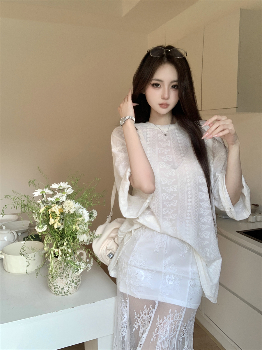 실사 정가 2026 여름 한 부서 느긋한 바람 루즈핏 라운드 넥 자카드 반팔 티셔츠 여성