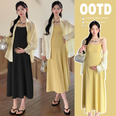 批发实拍2025孕妇秋季新品辣妈吊带裙+长袖衬衫两件套套装6127