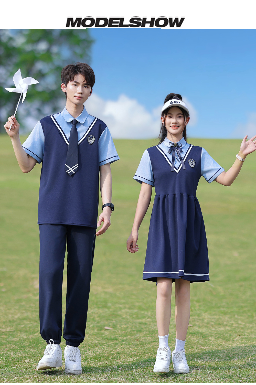 中小学生学院风套装学生夏季班服校服蓝色假两件英伦风套装