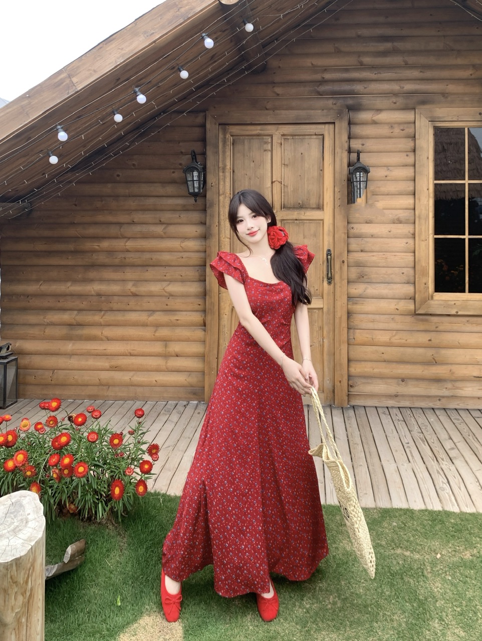 MY10659# 大码法式新款甜美气质度假风方领碎花设计收腰显瘦连衣裙女裝...