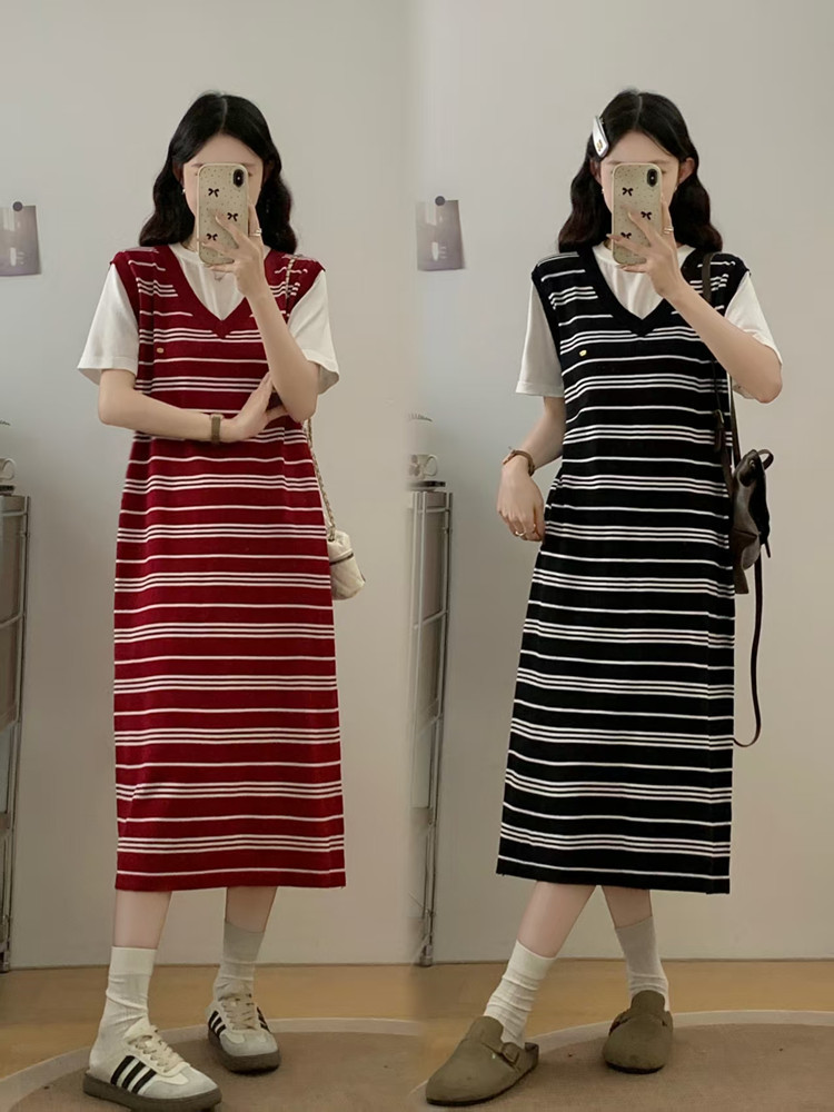 실사 빅 사이즈 여성 의류 지방 mm 봄 여름 반팔 드레스 디자인 센스 패치워크 페이크 레이어드 슬림해 보이는 표지 배 치마