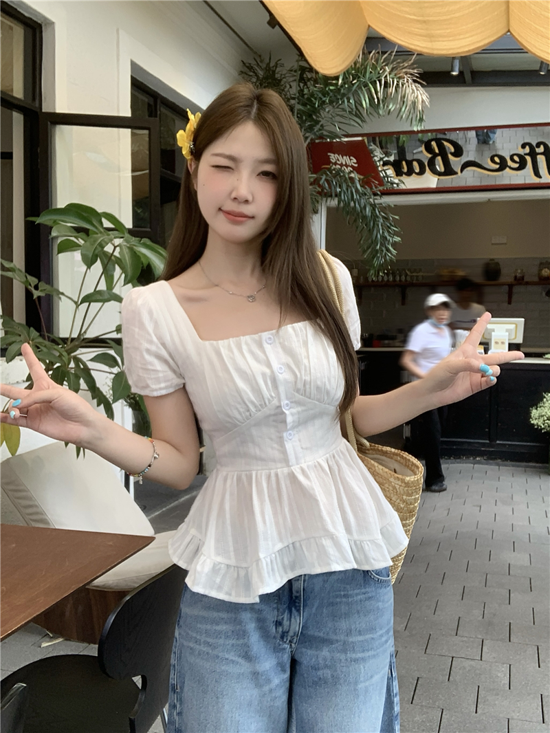 실사 빅 사이즈 여성 의류 한 남자 유럽 니켈 도트 무늬 광장 칼라 맨위 허리 수축 슬림해 보이는 반팔 뒤로 명중 가져 가라. 셔츠