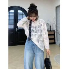 批发欧洲站2025夏季新款圆领长袖勾花镂空小心机薄款韩系针织小衫上衣