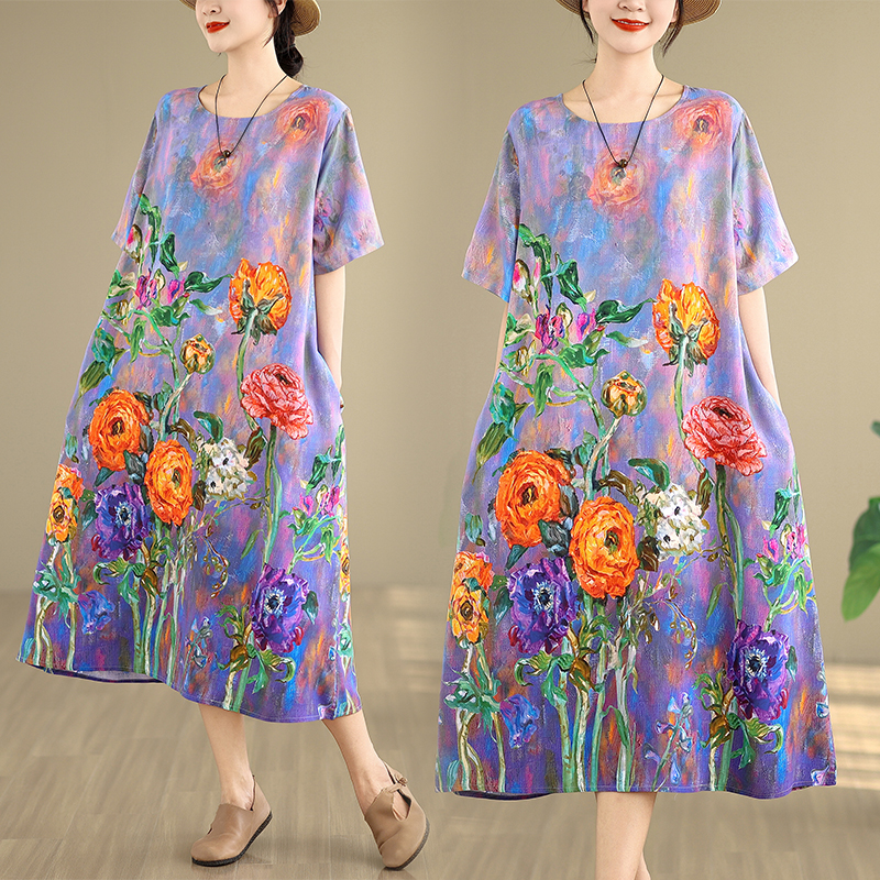 MY9798# 夏季新款文艺宽松显瘦中长款印花棉绸连衣裙女装大码裙子女裝貨源服裝批發