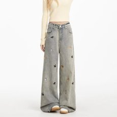 批发美式复古童趣小狗刺绣<b class='q'>牛仔裤</b>男女同款潮流百搭宽松直筒阔腿拖地裤