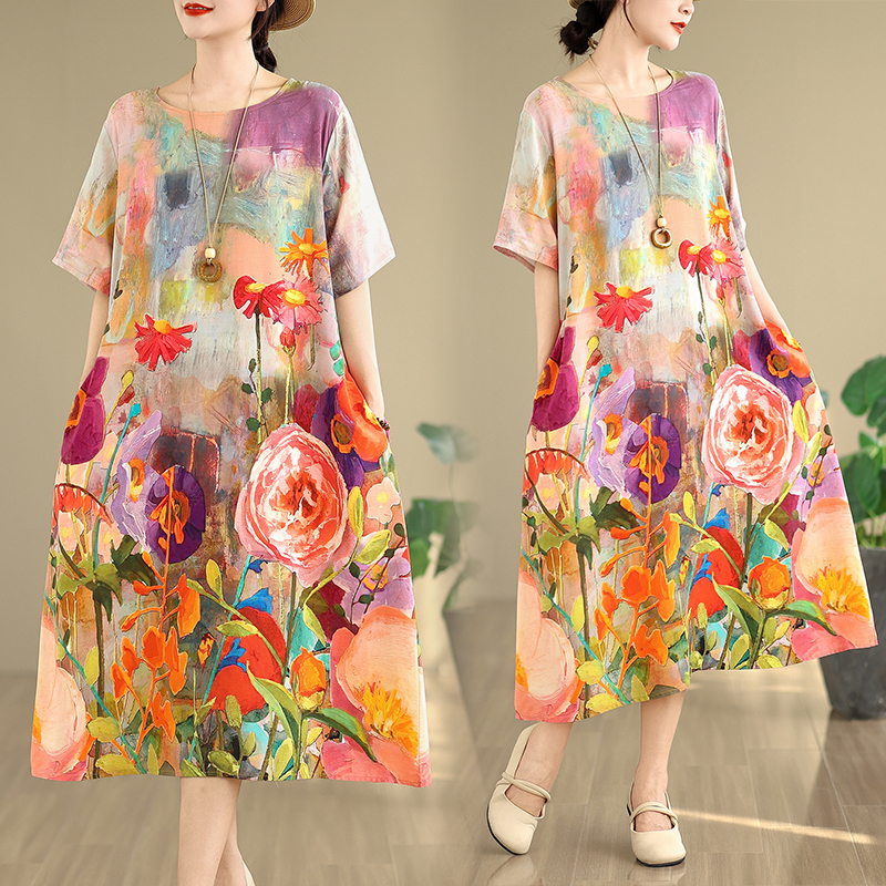 MY9795# 夏季新款文艺宽松显瘦中长款印花棉绸连衣裙女装大码裙子女裝貨源服裝批發