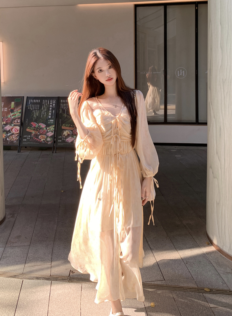 여름 품격 거품 소매 V넥 프린트 황색 드레스 롱 코트 휴가 바람 해변 드레스 투피스 세트 포함 슬립