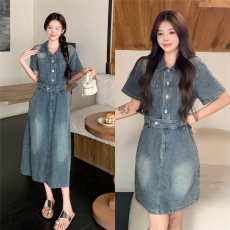 批发<b class='q'>大码</b>女装显瘦中长款短袖牛仔连衣裙胖mm夏季新款闺蜜装收腰裙子