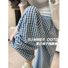 批发蓝色冰丝格子裤女夏季薄款2026新款休闲慵懒小个子垂感遛弯阔腿裤