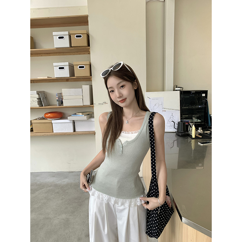 MY5781# 多巴胺蕾丝假两件背心女裝貨源服裝批發