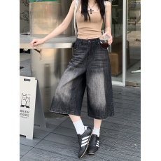 批发阔腿七分<b class='q'>牛仔</b><b class='q'>短裤</b>女复古水洗做旧宽松直筒中裤子