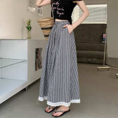 批发夏季薄款小个子松紧高腰显瘦蕾丝花边九分直筒裤复古格子阔腿裤