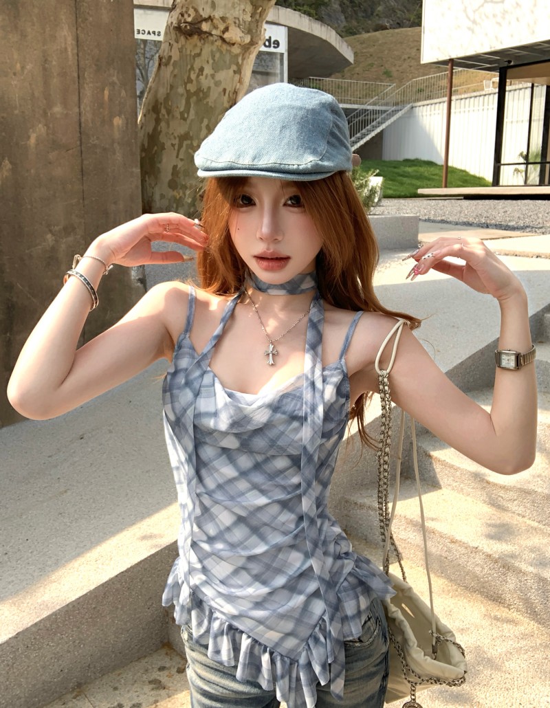 실사 정가 감소되지 않음 프랑스식 체크무늬 캐미솔 섹시함 디자인 센스 불규칙 망사 리본 맨위