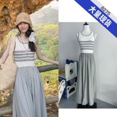 批发钟楚曦<b class='q'>明星</b>同款夏季新<b class='q'>款</b>复古风条纹针织拼接气质长<b class='q'>款</b>背心<b class='q'>连衣裙</b>