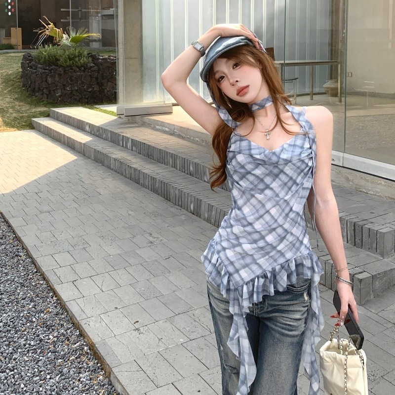 실사 정가 감소되지 않음 프랑스식 체크무늬 캐미솔 섹시함 디자인 센스 불규칙 망사 리본 맨위